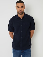 Marineblau - Threadbare Textured Knitted Button Through Polo Shirt - Bild 1 von 4