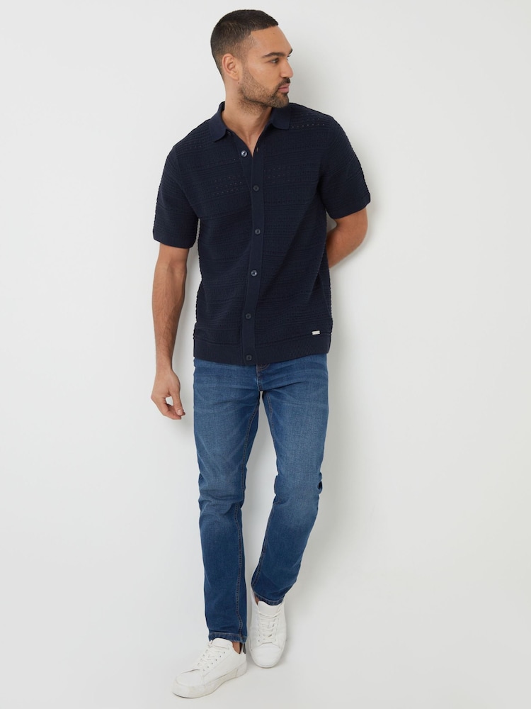 Marineblau - Threadbare Textured Knitted Button Through Polo Shirt - Bild 4 von 4