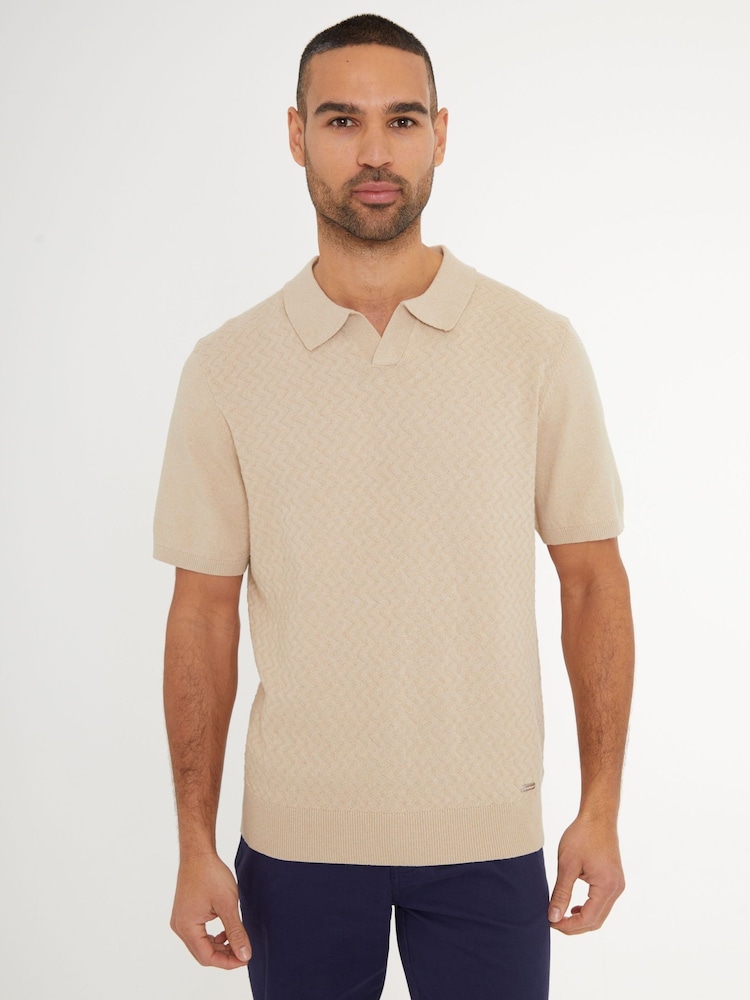 Threadbare Brown Textured Front Knitted Trophy Neck Polo Shirt - Image 1 of 4