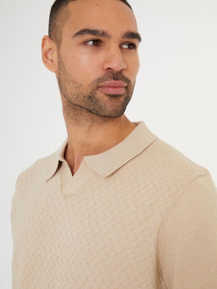 Threadbare Brown Textured Front Knitted Trophy Neck Polo Shirt - Image 4 of 4