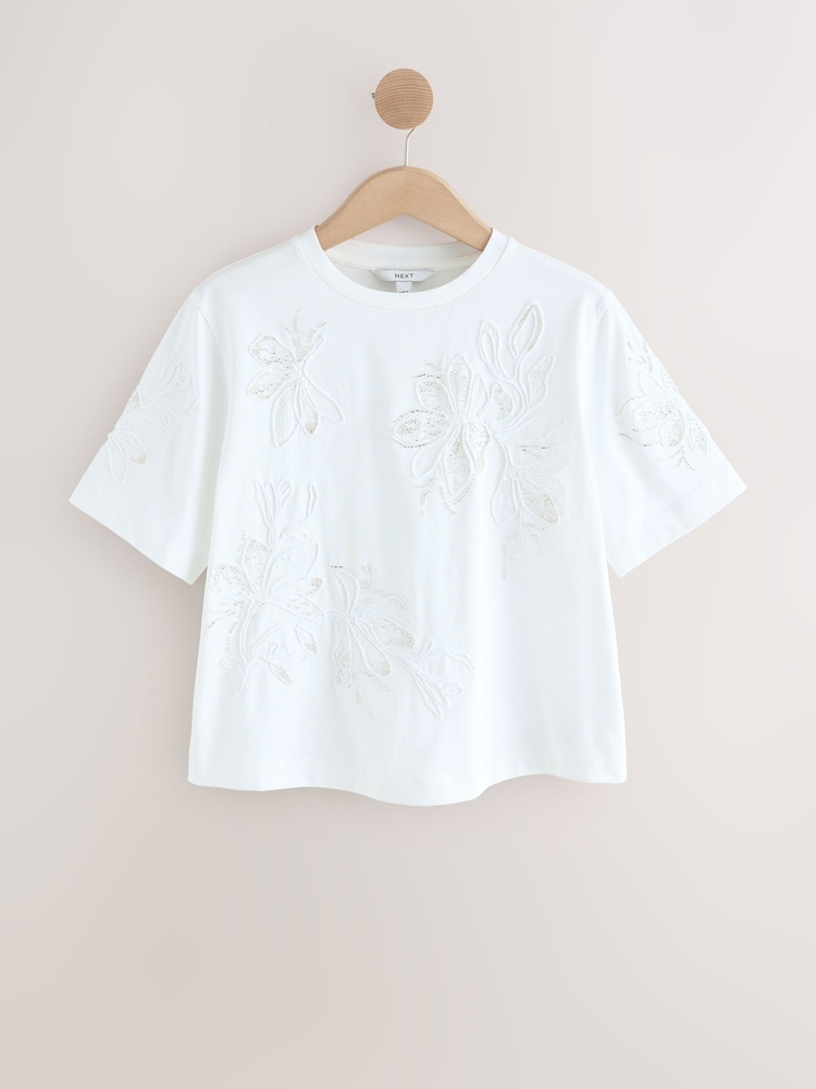 White Floral Print Embellished T-Shirt - Image 1 of 3