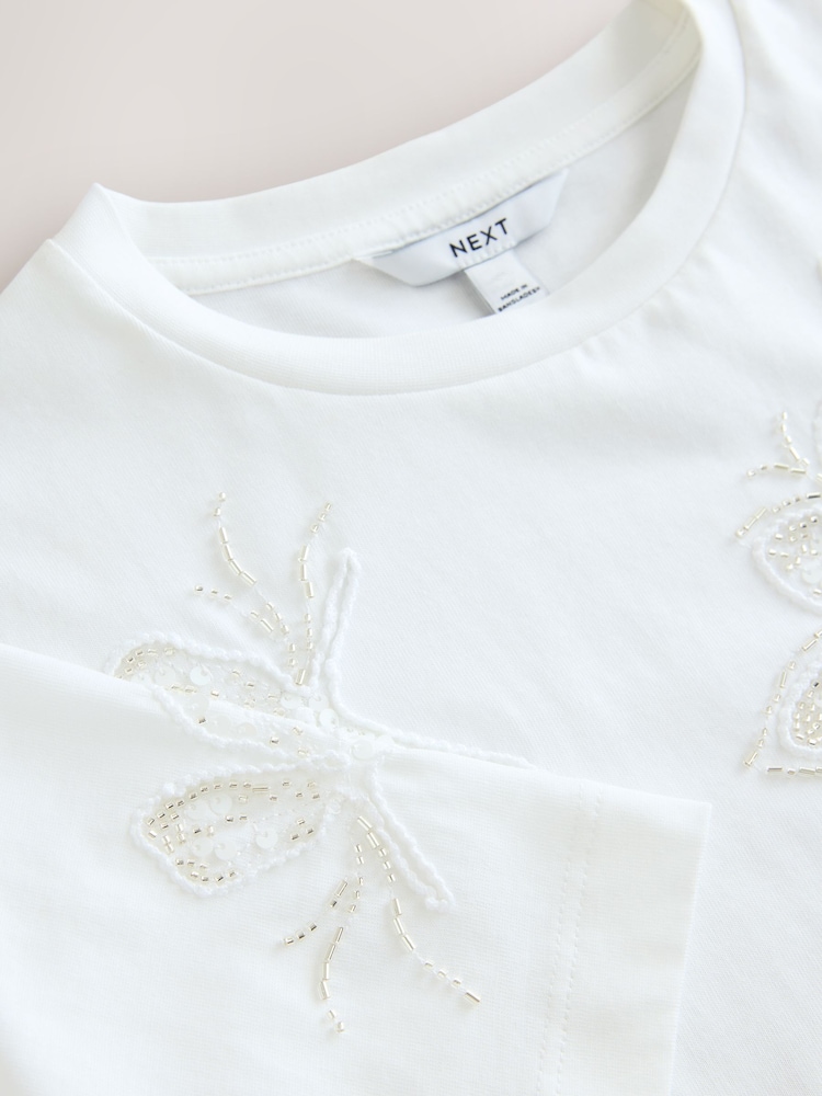 White Floral Print Embellished T-Shirt - Image 3 of 3
