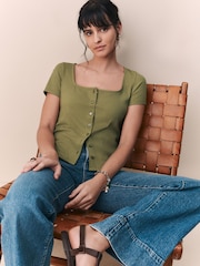 Khaki Green Short Sleeve Ribbed Button Through Top - Image 1 of 8
