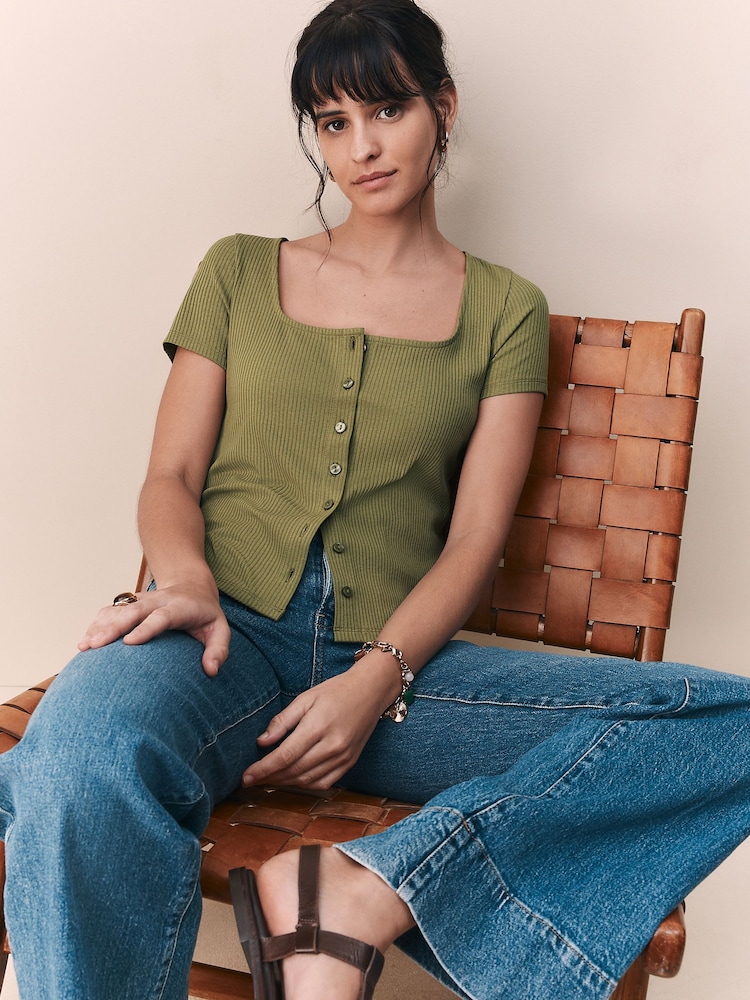 Khaki Green Short Sleeve Ribbed Button Through Top - Image 1 of 8