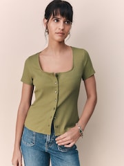 Khaki Green Short Sleeve Ribbed Button Through Top - Image 2 of 8