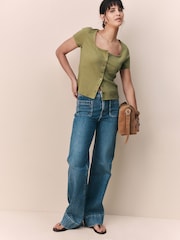 Khaki Green Short Sleeve Ribbed Button Through Top - Image 3 of 8
