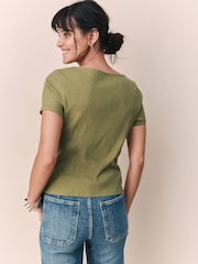 Khaki Green Short Sleeve Ribbed Button Through Top - Image 4 of 8