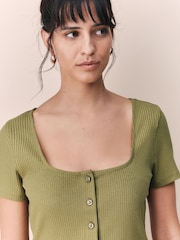 Khaki Green Short Sleeve Ribbed Button Through Top - Image 5 of 8
