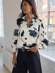 Brown Print Long Sleeve V-Neck Blouse - Image 1 of 3