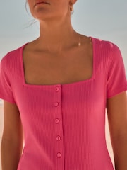 Pink Short Sleeve Ribbed Button Through Top - Image 4 of 7