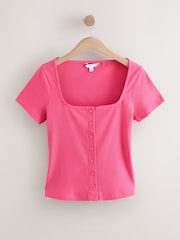 Pink Short Sleeve Ribbed Button Through Top - Image 5 of 7