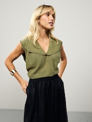 Khaki Green Woven Mix V-Neck Embroidered Frill Sleevless Top - Image 1 of 7