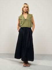 Khaki Green Woven Mix V-Neck Embroidered Frill Sleevless Top - Image 2 of 7