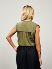 Khaki Green Woven Mix V-Neck Embroidered Frill Sleevless Top - Image 3 of 7