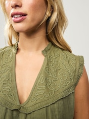 Khaki Green Woven Mix V-Neck Embroidered Frill Sleevless Top - Image 4 of 7