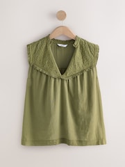 Khaki Green Woven Mix V-Neck Embroidered Frill Sleevless Top - Image 5 of 7