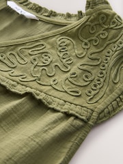Khaki Green Woven Mix V-Neck Embroidered Frill Sleevless Top - Image 6 of 7