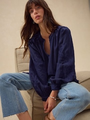 Navy Long Sleeve Button Through Embroidery Blouse - Image 1 of 7