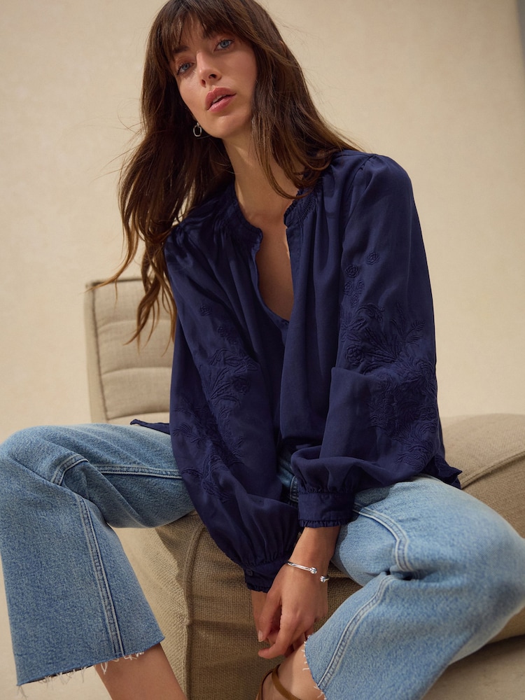 Navy Long Sleeve Button Through Embroidery Blouse - Image 1 of 7