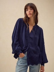 Navy Long Sleeve Button Through Embroidery Blouse - Image 2 of 7