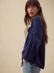 Navy Long Sleeve Button Through Embroidery Blouse - Image 3 of 7