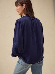 Navy Long Sleeve Button Through Embroidery Blouse - Image 4 of 7