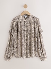 Brown/Cream Aztec Print - Print Long Sleeve Pintuck Ruffle Sleeve Blouse - Image 1 of 3