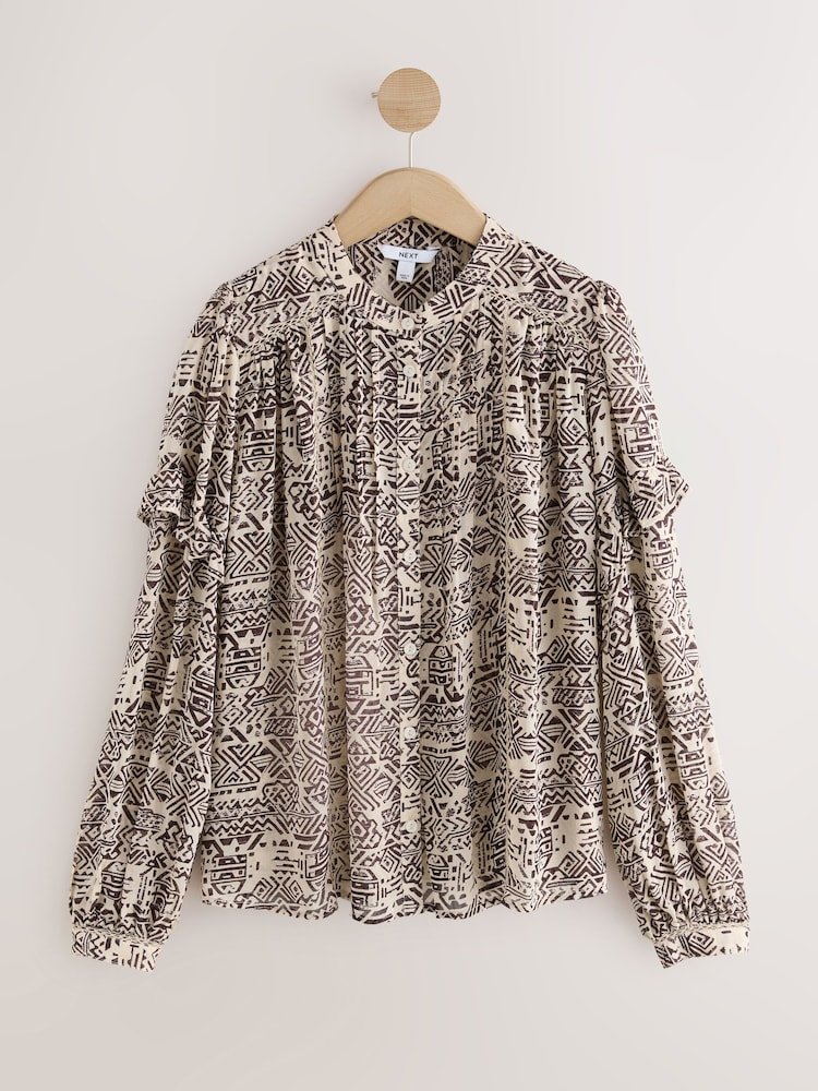 Brown/Cream Aztec Print - Print Long Sleeve Pintuck Ruffle Sleeve Blouse - Image 1 of 3