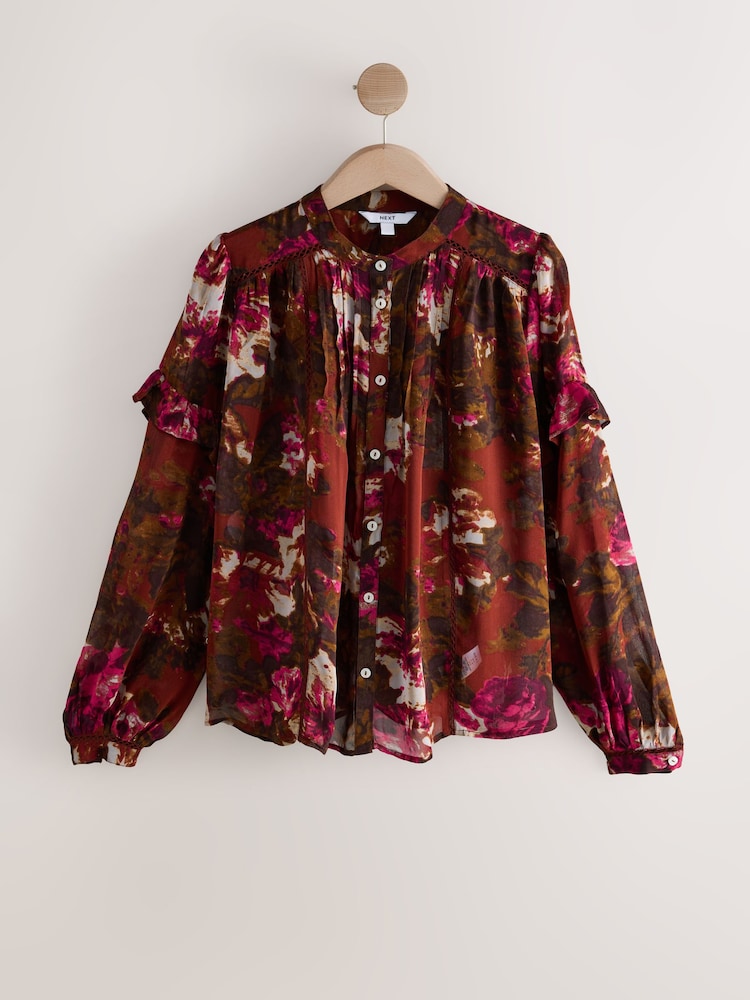 Brown/Pink Floral - Print Long Sleeve Pintuck Ruffle Sleeve Blouse - Image 1 of 3