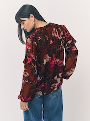 Brown/Pink Floral Print Long Sleeve Pintuck Ruffle Sleeve Blouse - Image 4 of 9