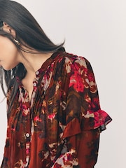 Brown/Pink Floral Print Long Sleeve Pintuck Ruffle Sleeve Blouse - Image 5 of 9