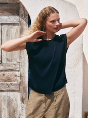 Navy Short Sleeve Crinkle Satin Asymmetric Top - Image 1 of 8