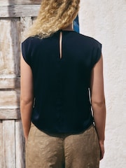 Navy Short Sleeve Crinkle Satin Asymmetric Top - Image 2 of 8