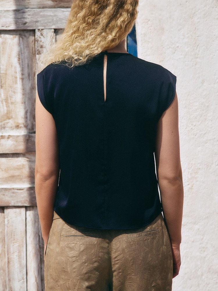 Navy Short Sleeve Crinkle Satin Asymmetric Top - Image 2 of 8