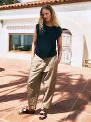 Navy Short Sleeve Crinkle Satin Asymmetric Top - Image 4 of 8