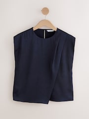 Navy Short Sleeve Crinkle Satin Asymmetric Top - Image 6 of 8