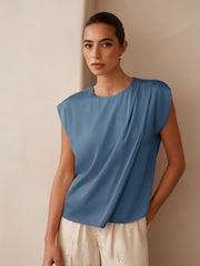 Blue Short Sleeve Crinkle Satin Asymmetric Top - Image 1 of 6