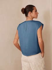 Blue Short Sleeve Crinkle Satin Asymmetric Top - Image 2 of 6