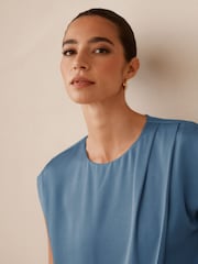 Blue Short Sleeve Crinkle Satin Asymmetric Top - Image 3 of 6
