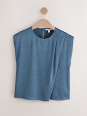 Blue Short Sleeve Crinkle Satin Asymmetric Top - Image 4 of 6