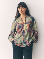 Green Paisley Floral Print Long Sleeve V-Neck Blouse - Image 1 of 7
