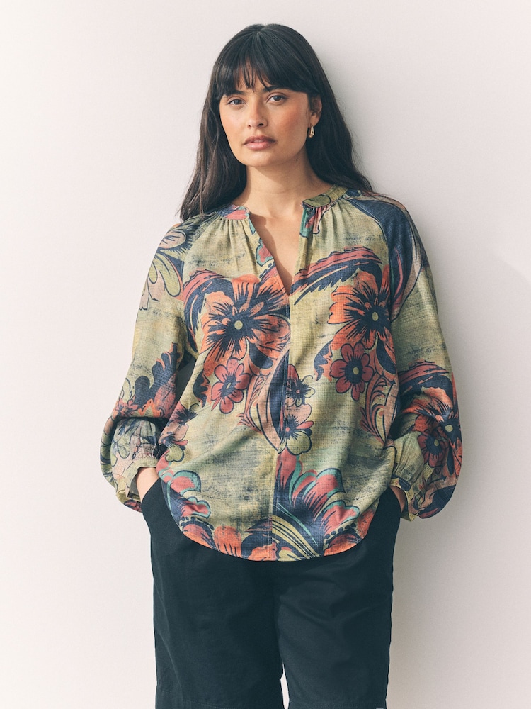 Green Paisley Floral Print Long Sleeve V-Neck Blouse - Image 1 of 7