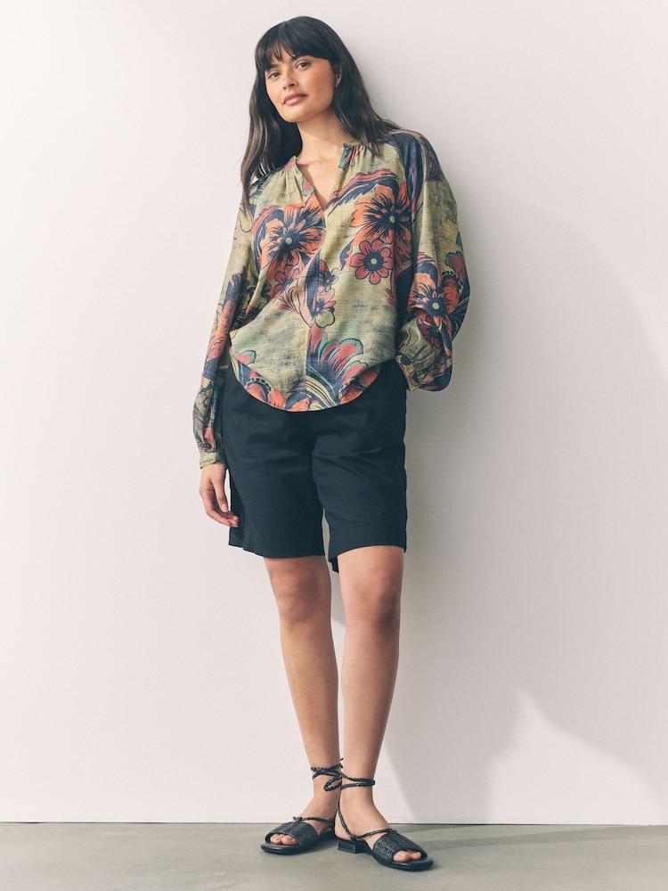Green Paisley Floral Print Long Sleeve V-Neck Blouse - Image 2 of 7