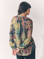 Green Paisley Floral Print Long Sleeve V-Neck Blouse - Image 3 of 7
