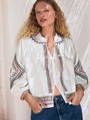 Creme - Long Sleeve Embroidered Cotton Lightweight Jacket - Bild 1 von 12