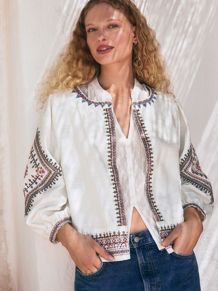 Creme - Long Sleeve Embroidered Cotton Lightweight Jacket - Bild 1 von 12