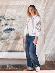 Creme - Long Sleeve Embroidered Cotton Lightweight Jacket - Bild 2 von 12