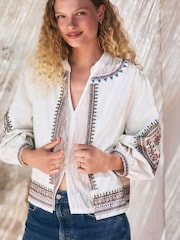 Creme - Long Sleeve Embroidered Cotton Lightweight Jacket - Bild 3 von 12