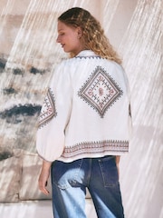 Creme - Long Sleeve Embroidered Cotton Lightweight Jacket - Bild 7 von 12