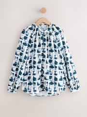 Ecru/Navy Grid Print Print Long Sleeve V-Neck Blouse - Image 1 of 3